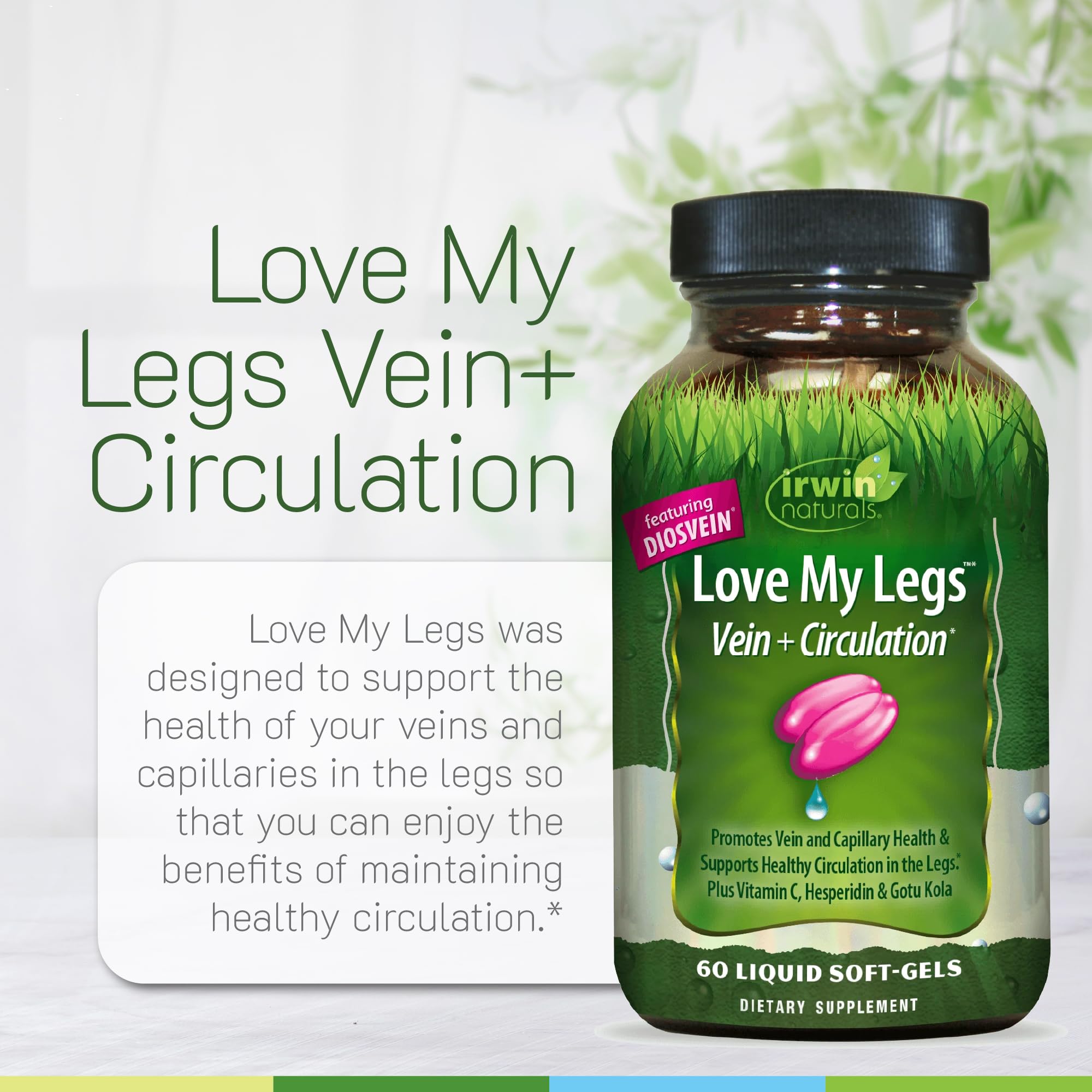Irwin Naturals Leg Circulation Support 60 Liquid Softgels on a wooden surface
