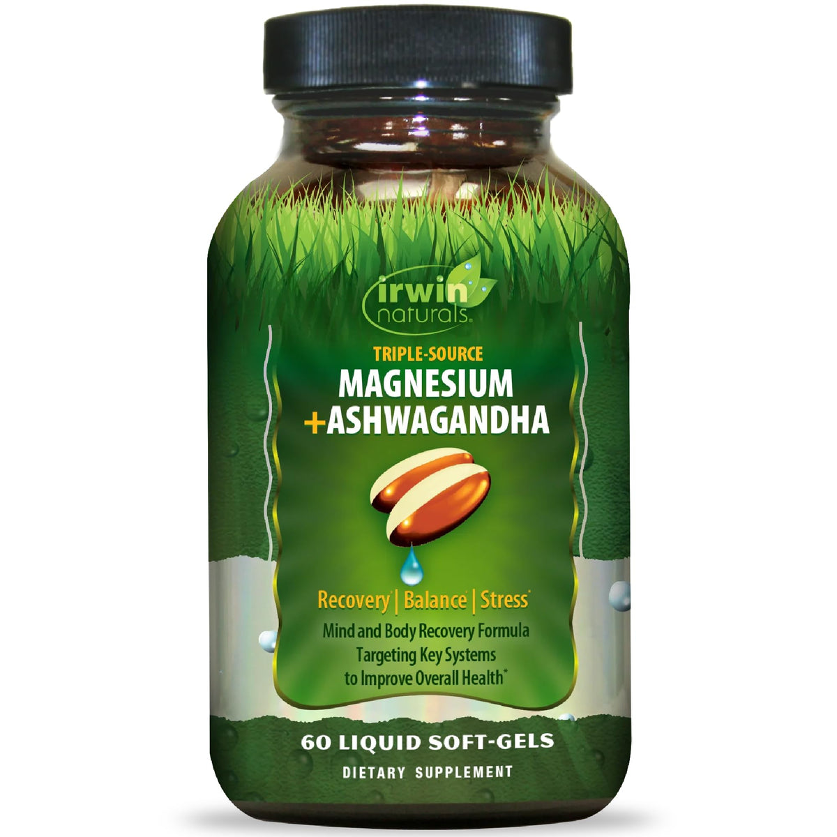 Irwin Naturals Magnesium + Ashwagandha 454g Liquid Soft-Gels front view