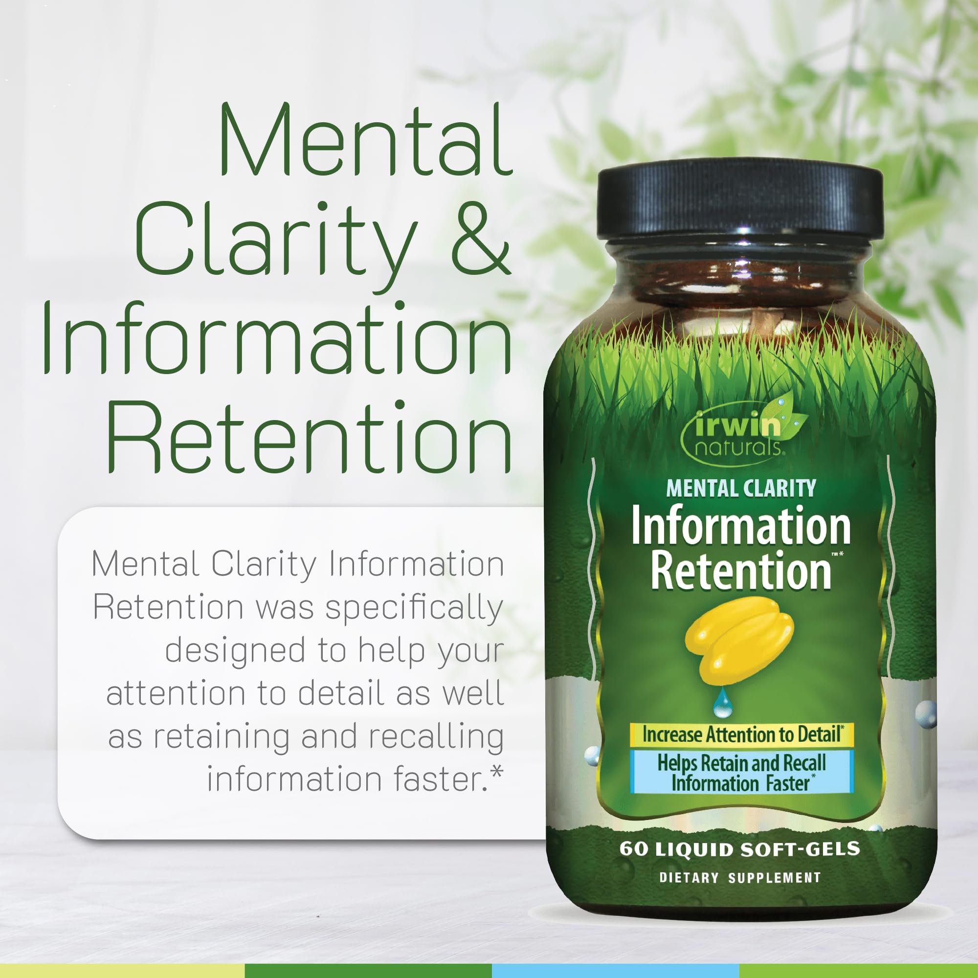 Irwin Naturals Mental Clarity Ginkgo Biloba soft-gels on a wooden table