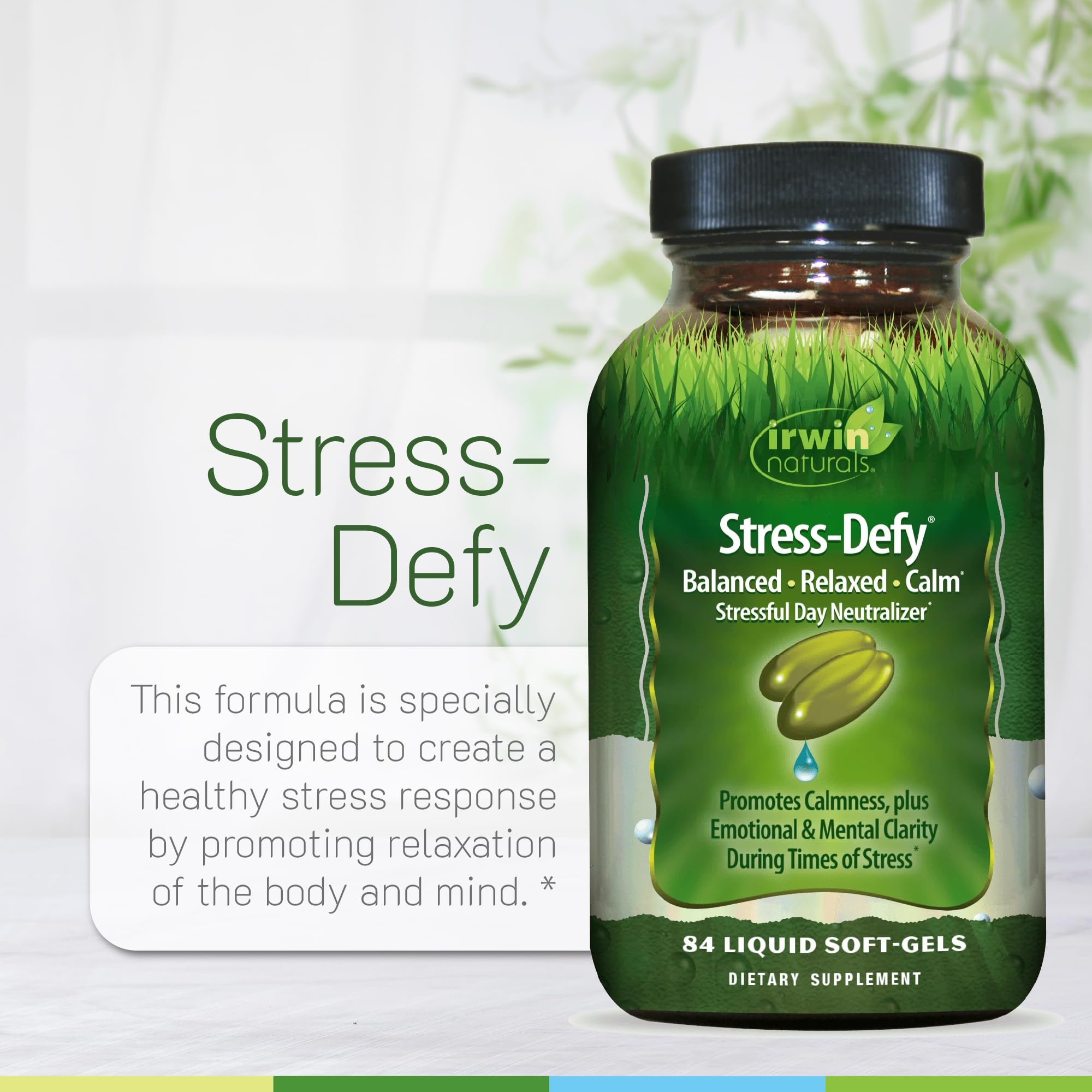 Irwin Naturals Stress-Defy Daily Stress Support soft-gels in a hand