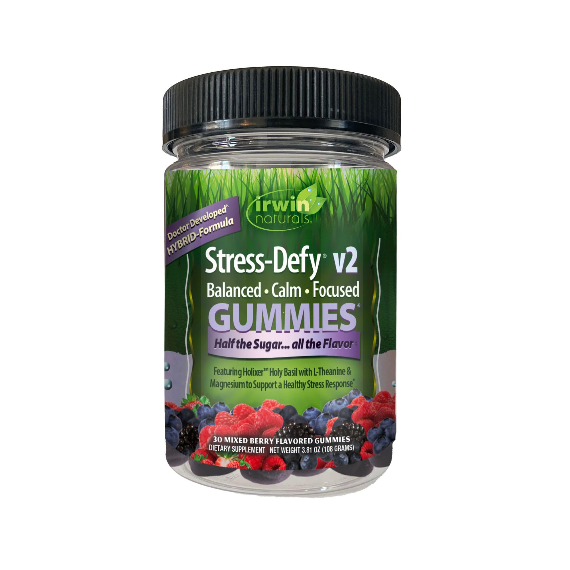 Irwin Naturals Stress-Defy Gummies front view with packaging