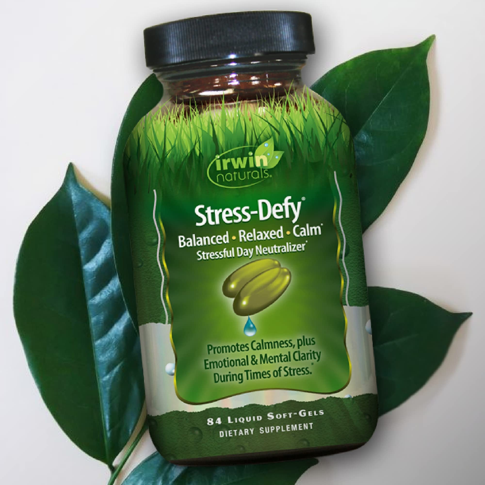 Irwin Naturals Stress-Defy Liquid Soft-Gels with dosage information