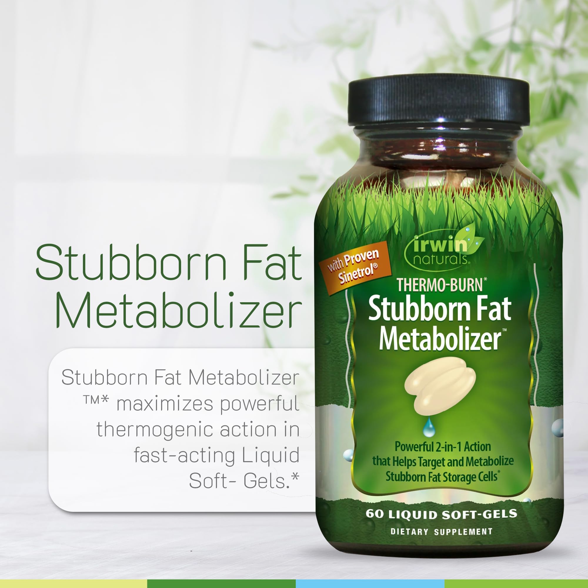 Irwin Naturals Stubborn Fat a balanced routine 549g liquid soft-gels on a wooden table
