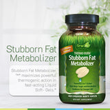 Irwin Naturals Stubborn Fat a balanced routine 549g liquid soft-gels on a wooden table