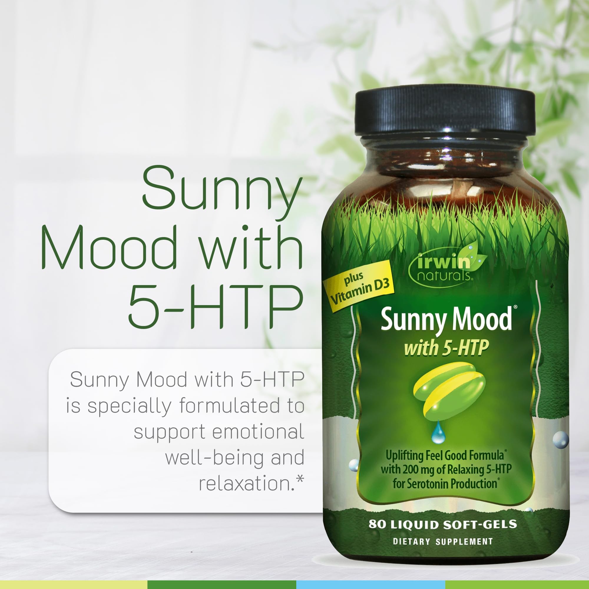 Irwin Naturals Sunny Mood 5-HTP 100mg supplement bottle with a measuring spoon