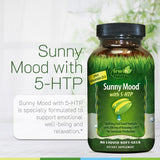 Irwin Naturals Sunny Mood 5-HTP 100mg supplement bottle with a measuring spoon