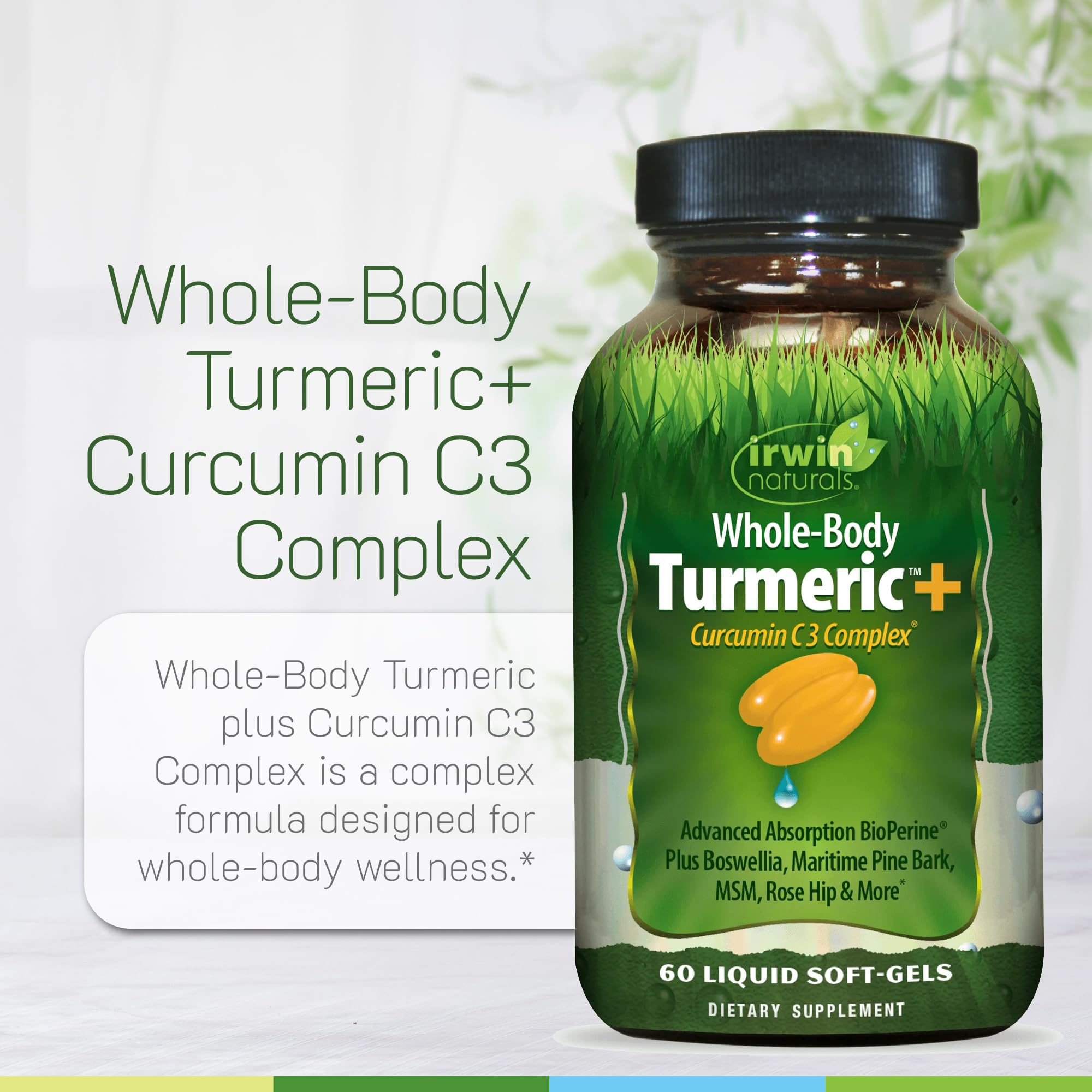 Irwin Naturals Whole-Body Turmeric+ 300mg Liquid Soft-Gels with ingredients