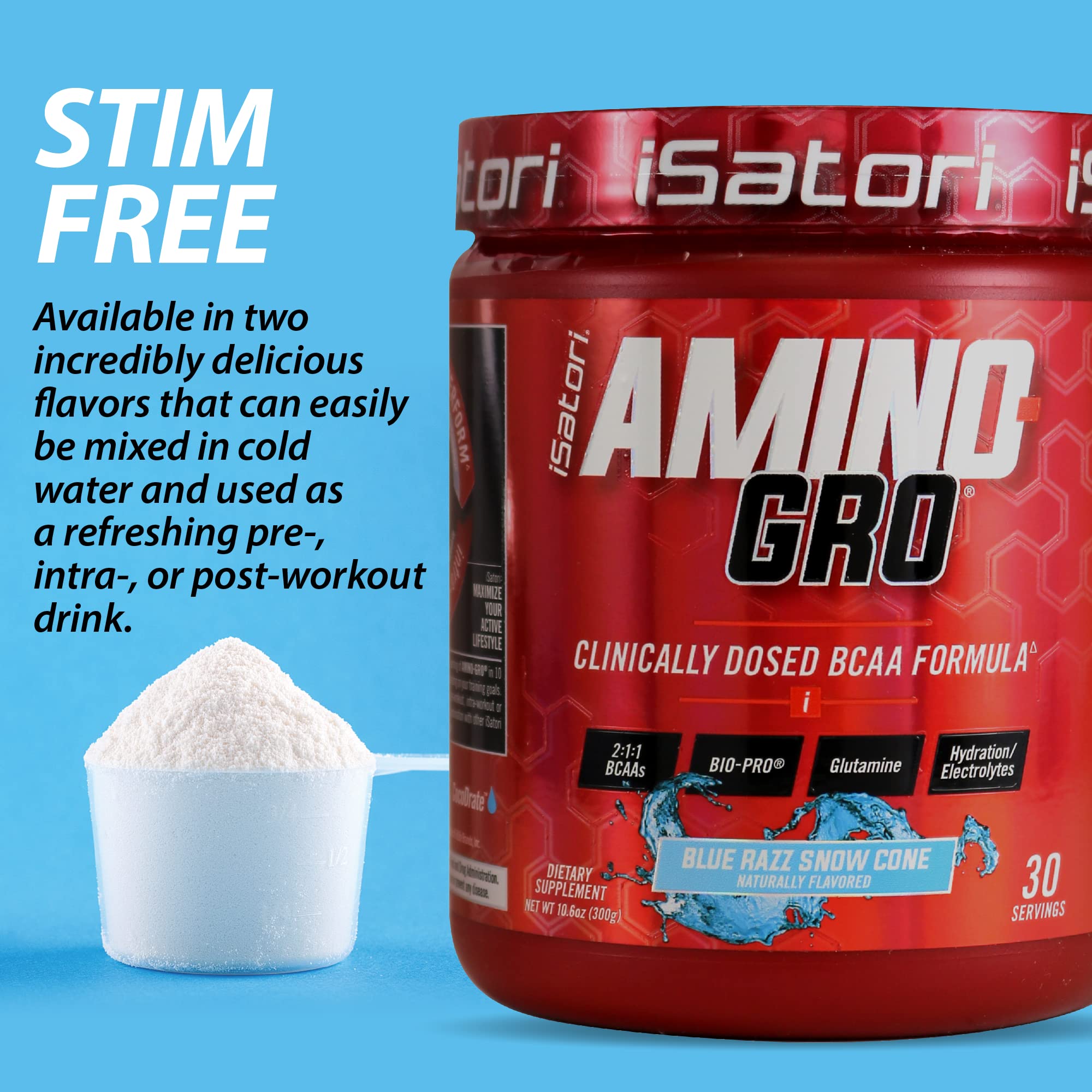 iSatori Amino-GRO BCAA Powder 340g lifestyle shot with gym equipment