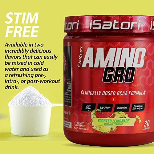 iSatori Amino-GRO BCAA Powder 340g scoop and powder