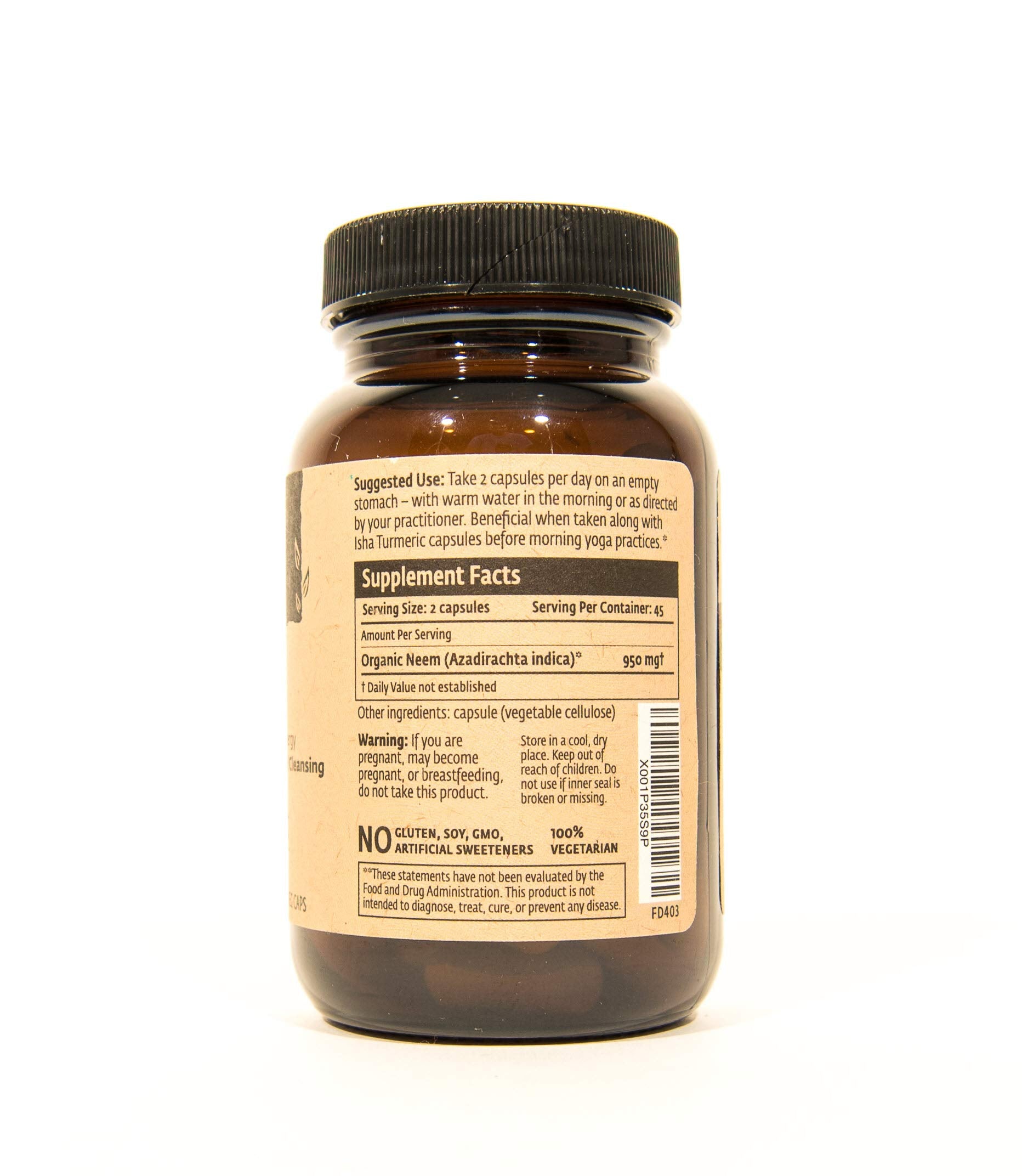 ISHA Neem Herbal Supplement 500mg Capsules bottle with label