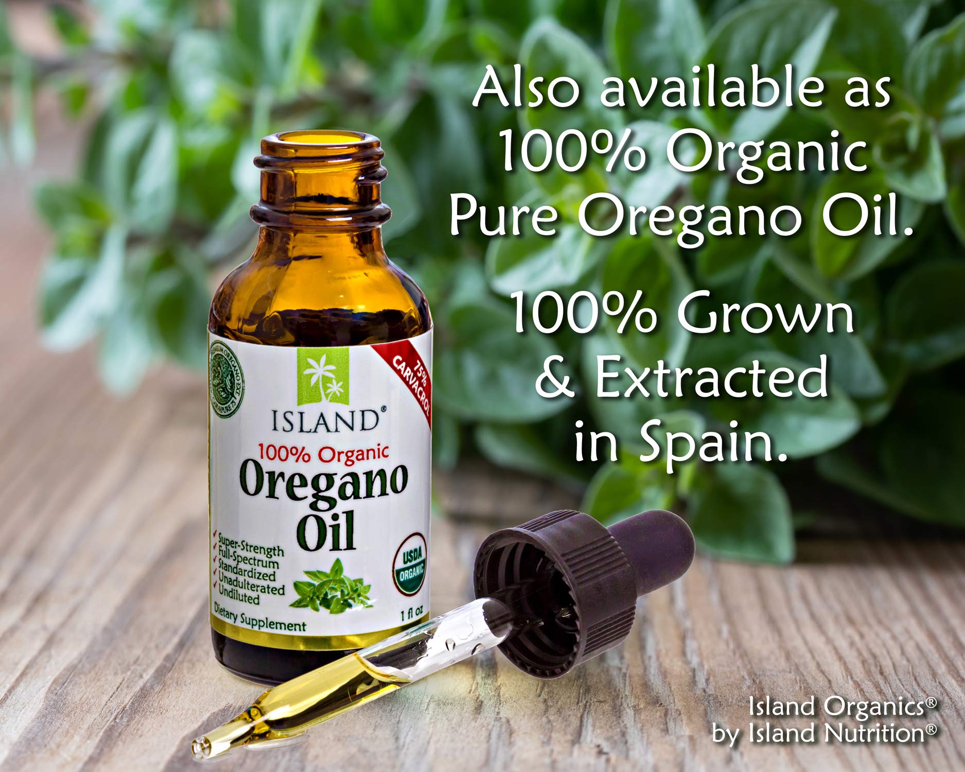 Island Nutrition Oregano Oil Capsules on a wooden table