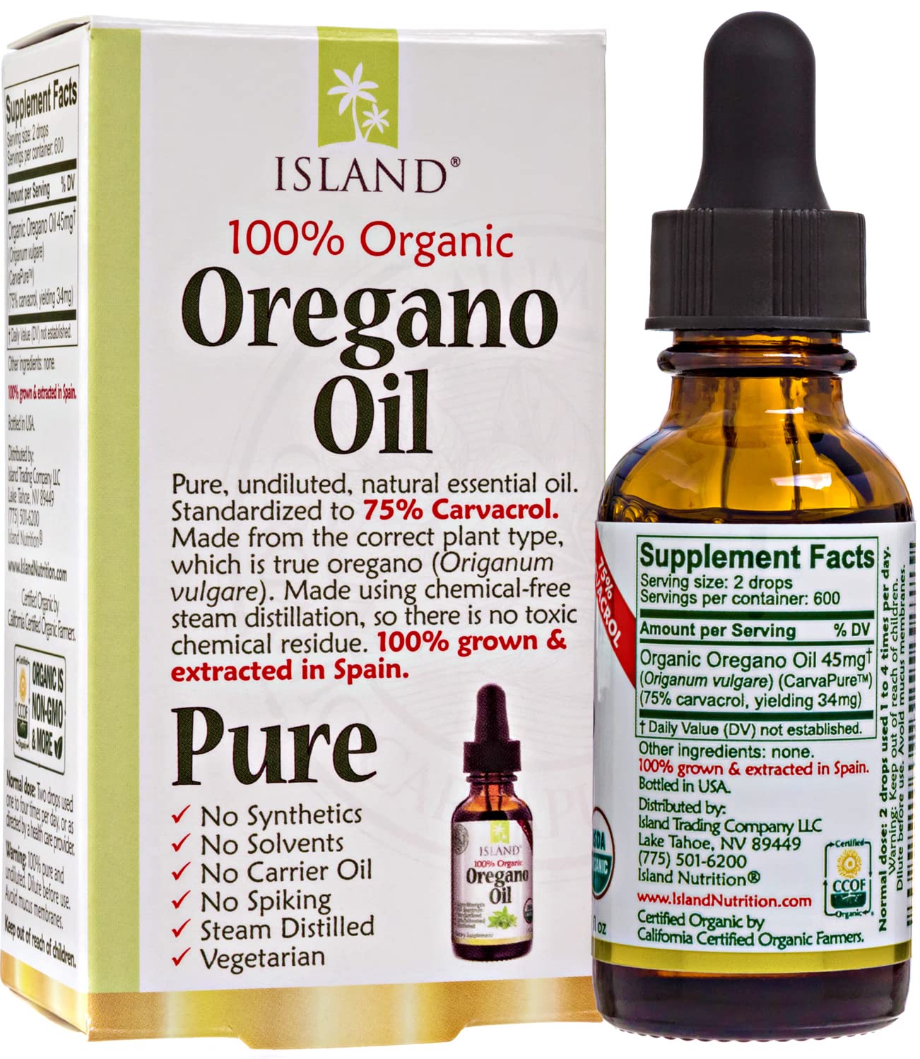 Island Nutrition Organic Oregano Oil Drops 100g bottle side view