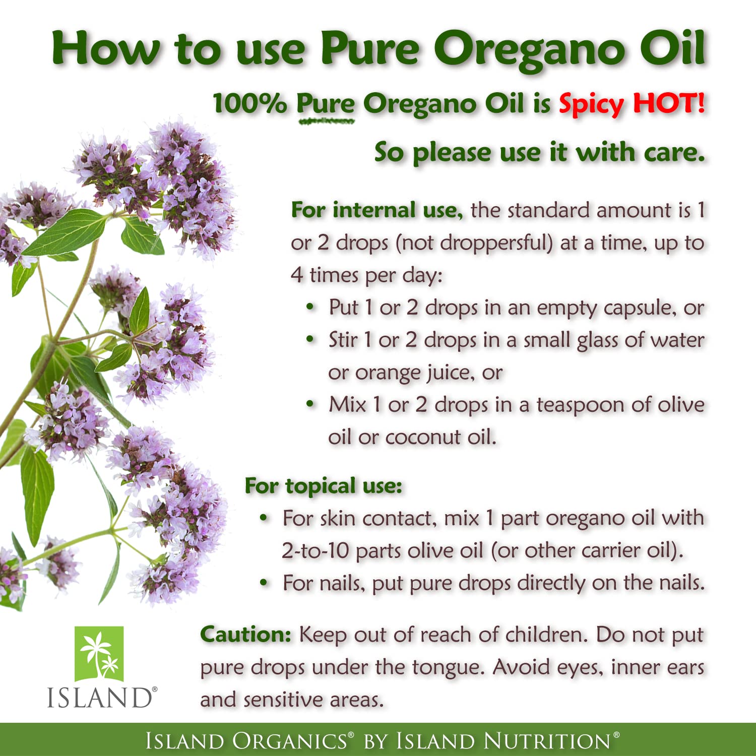 Island Nutrition Organic Oregano Oil Drops 100g on wooden table