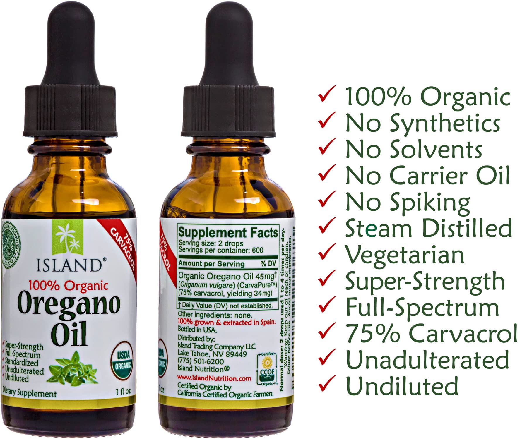Island Nutrition Organic Oregano Oil Drops 100g with green herbs