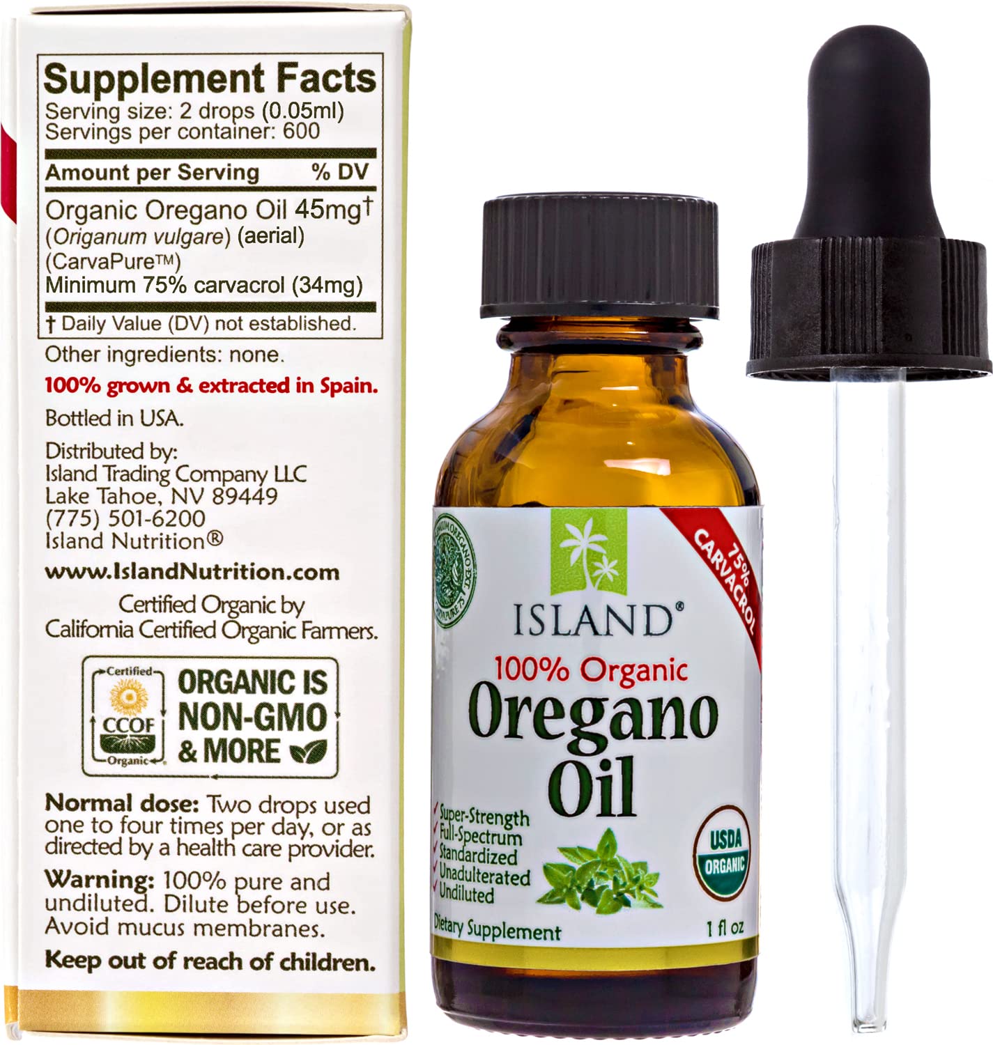 Island Nutrition Organic Oregano Oil Drops 100g with measuring dropper