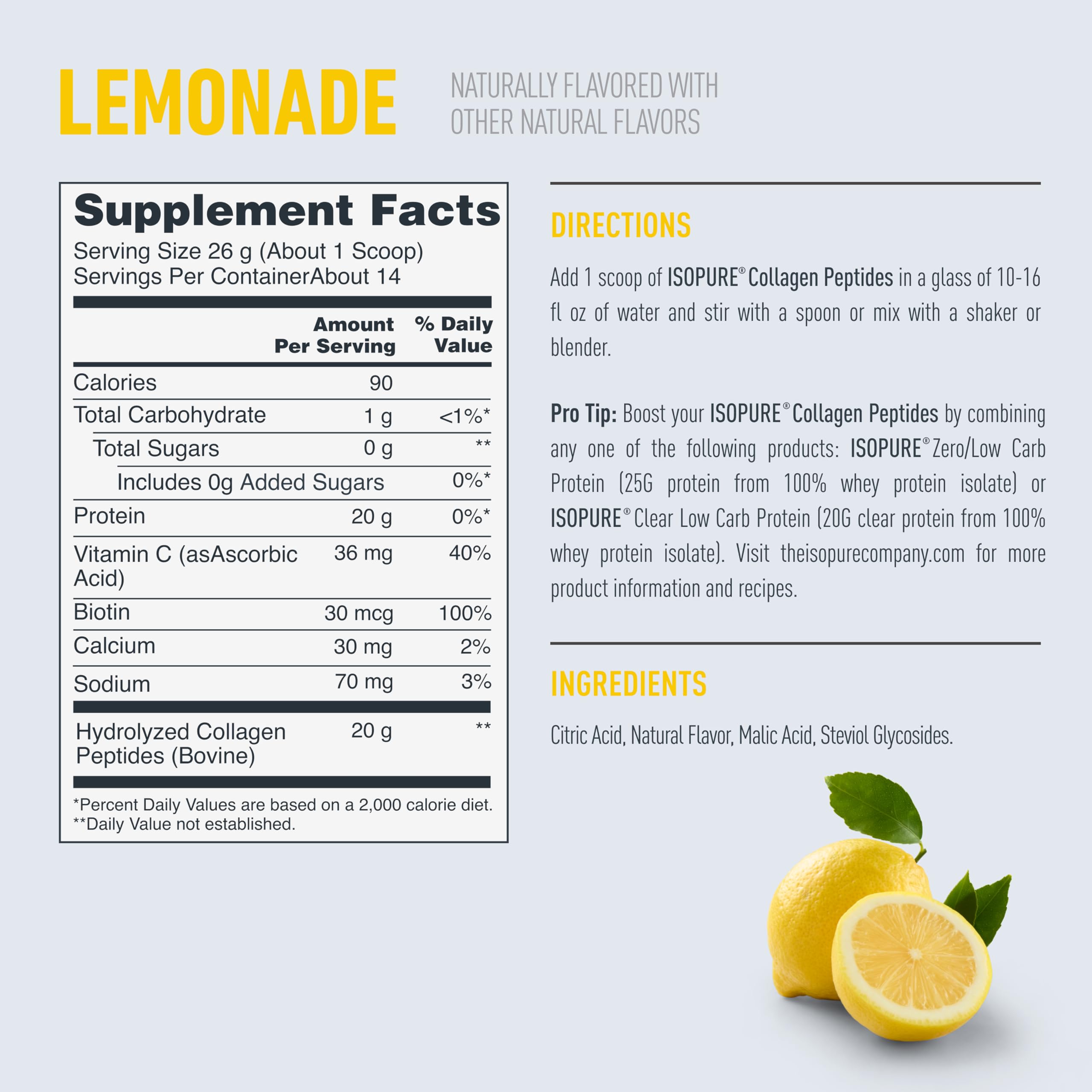 Isopure Collagen Peptides 20g Grass-Fed Lemonade Flavour on kitchen counter