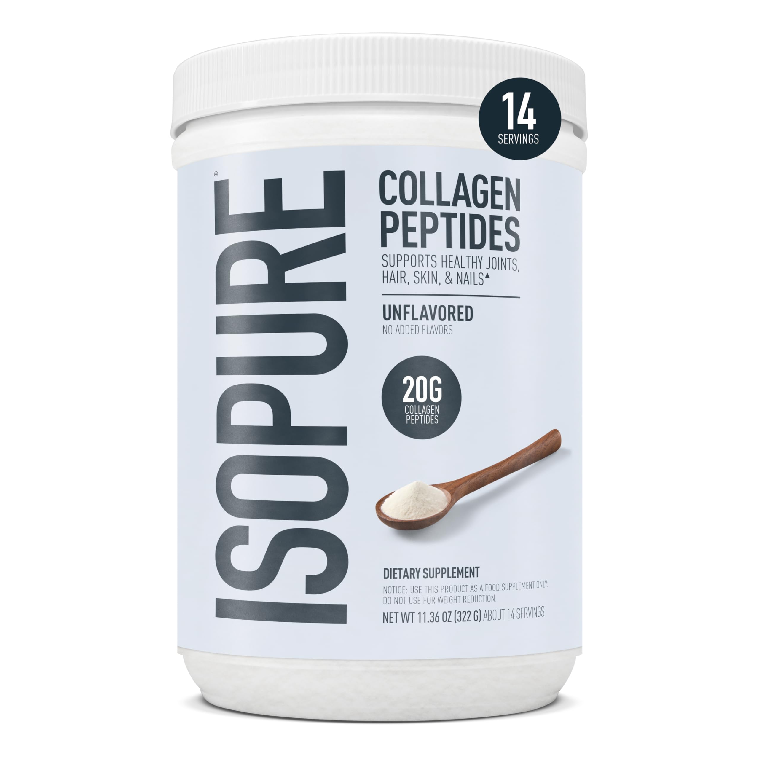 Isopure Collagen Peptides 20g unflavoured powder front view