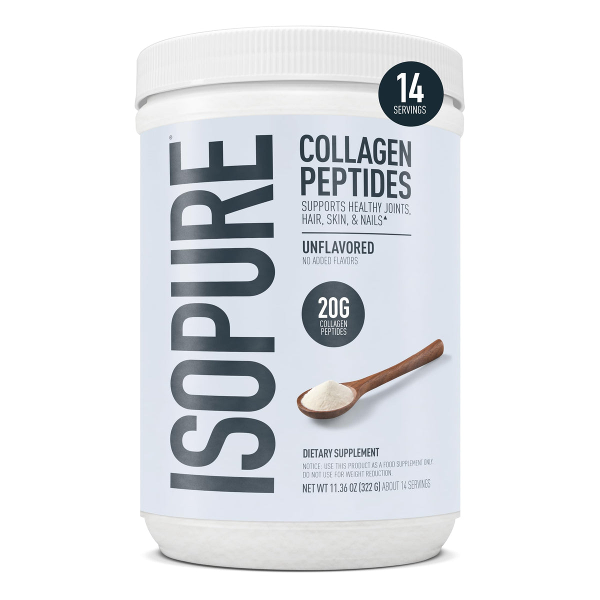 Isopure Collagen Peptides 20g unflavoured powder front view