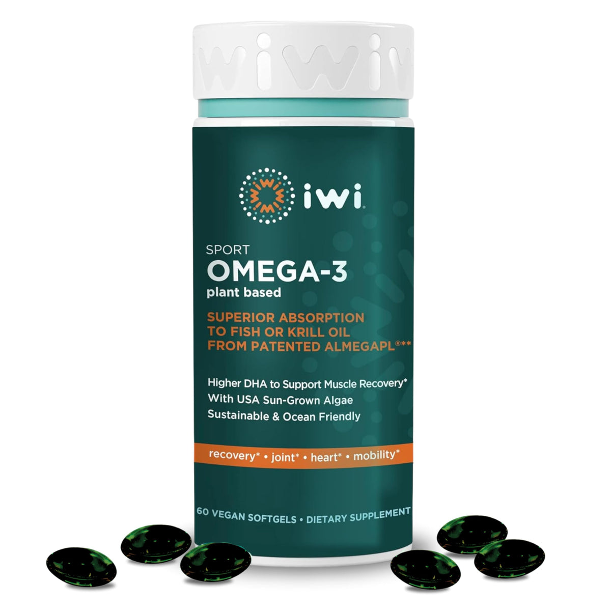 Iwi Omega-3 Algal Oil Softgels front view with packaging