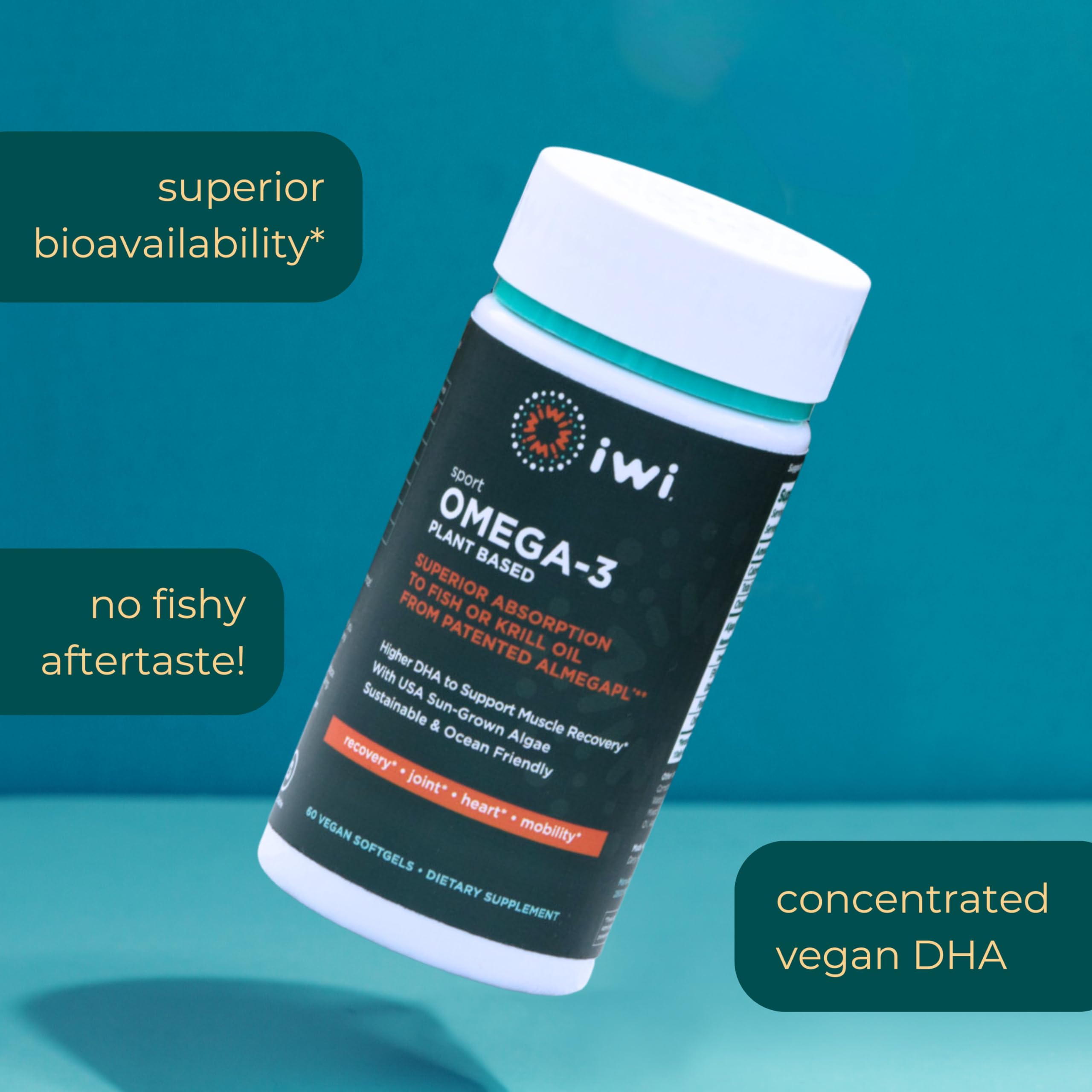 Iwi Omega-3 Algal Oil Softgels lifestyle scene on a kitchen counter