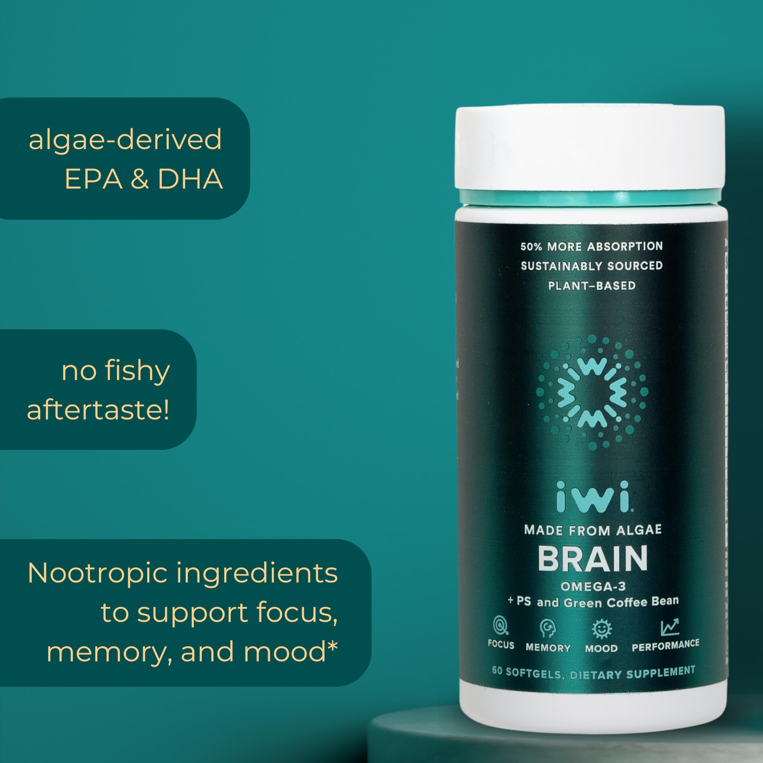 Iwi Omega-3 Brain Support Supplement 100g lifestyle scene with a glass of water