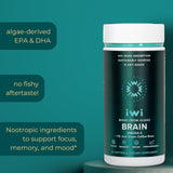 Iwi Omega-3 Brain Support Supplement 100g lifestyle scene with a glass of water