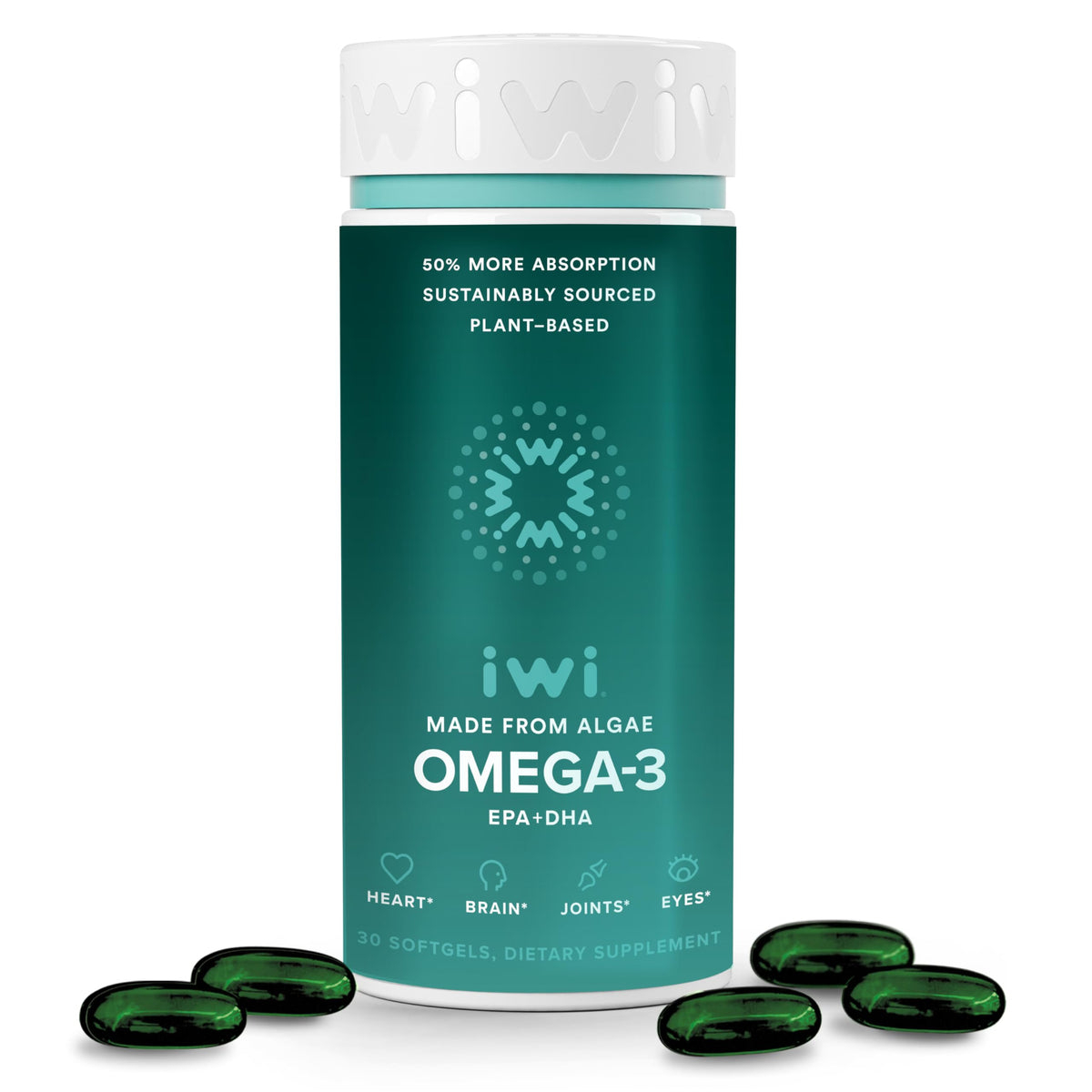 Iwi Vegan Omega-3 Algae Oil Softgels front view