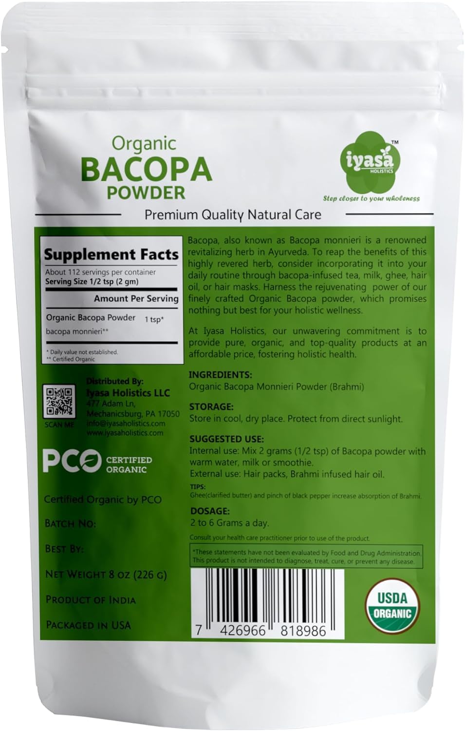 Iyasa Holistics Bacopa Monnieri Powder packaging side view