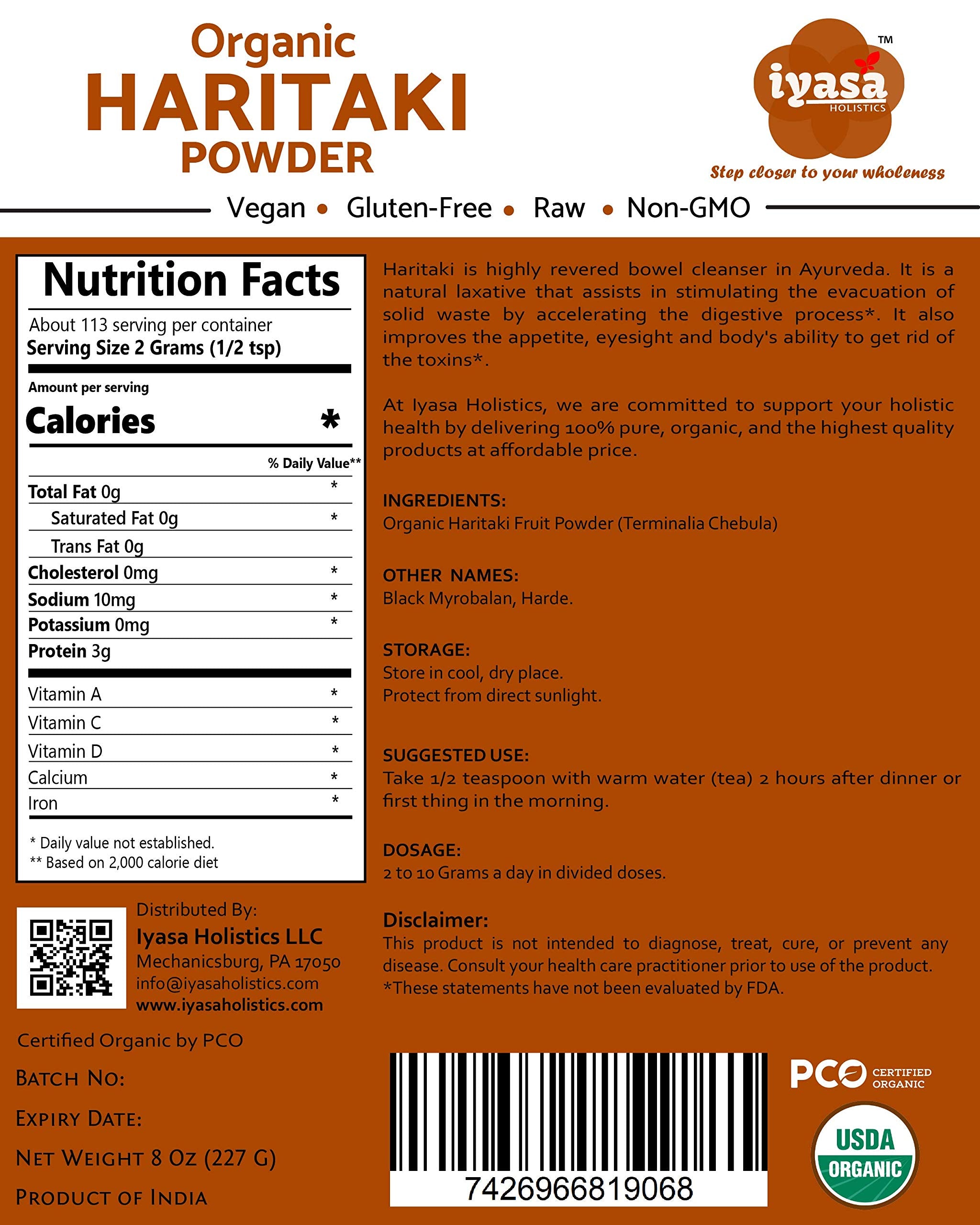 Iyasa Holistics Haritaki Powder 227g packaging