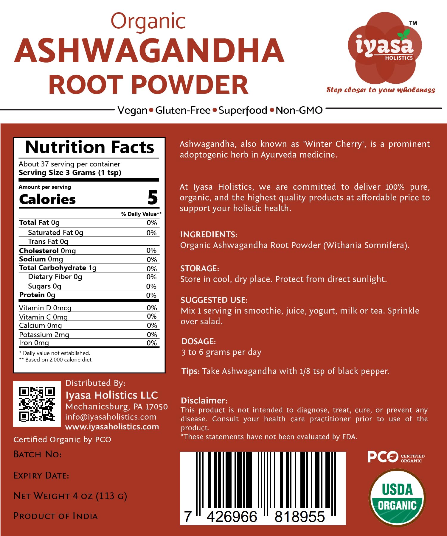 Iyasa Holistics Organic Ashwagandha Root Powder 113g resealable pouch