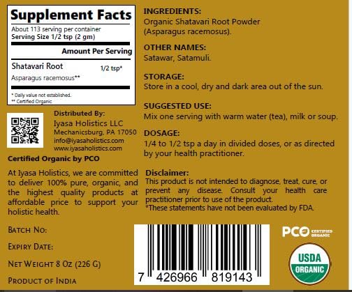 Iyasa Holistics Organic Shatavari Root Powder 227g packaging