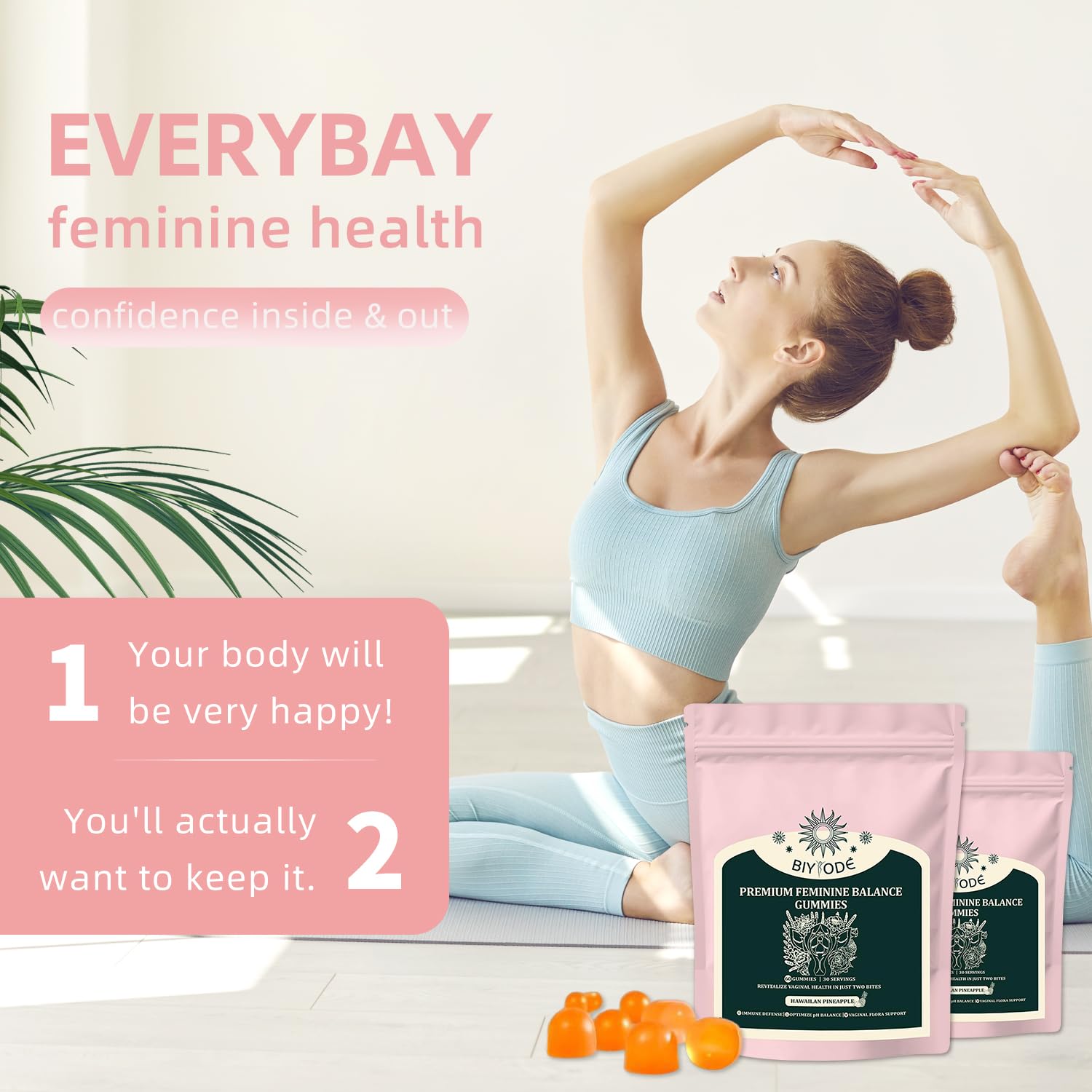 J-PRQ Feminine Balance Gummies lifestyle scene with a woman enjoying a gummy