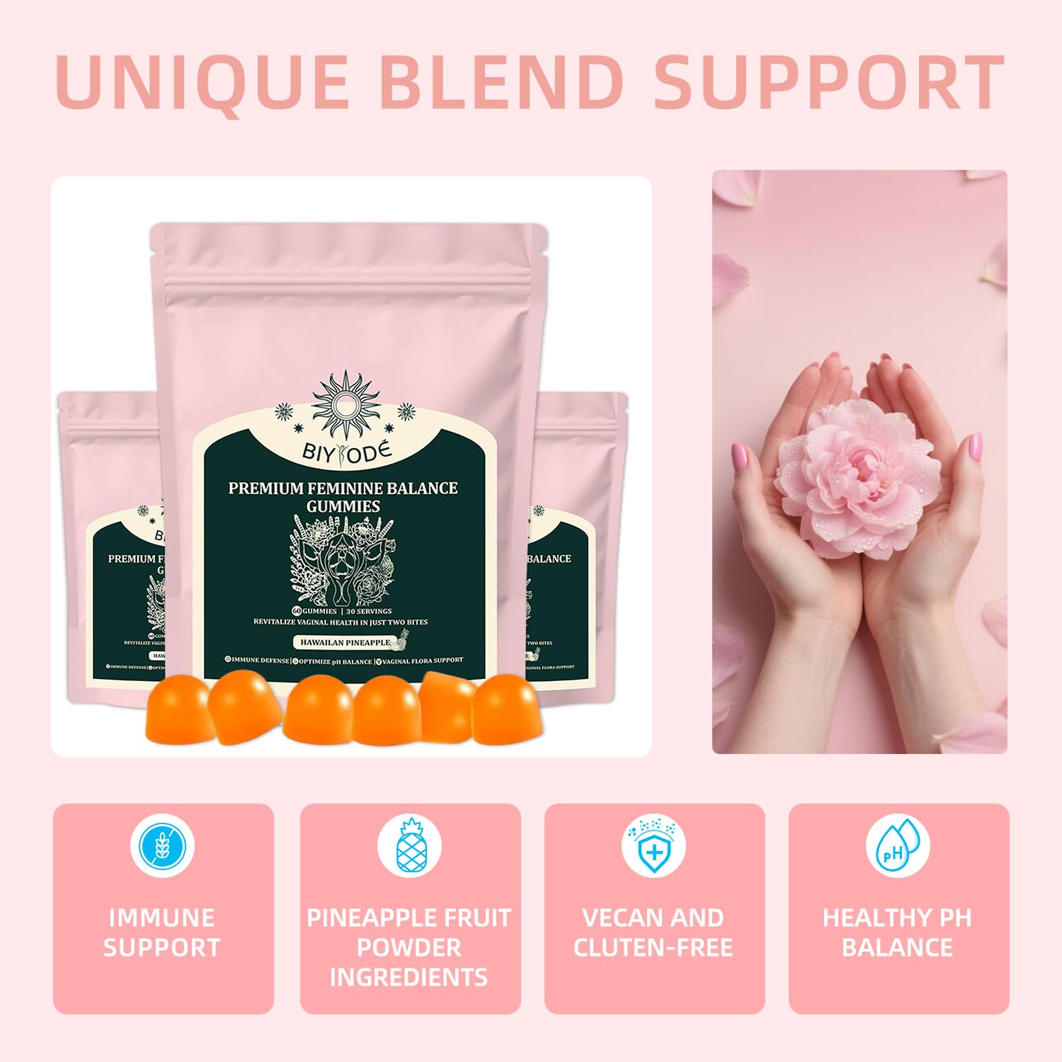 J-PRQ Feminine Balance Gummies opened bottle showing gummies inside