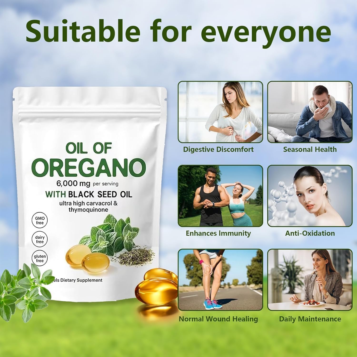 J-PRQ Oil of Oregano Softgels displayed with black seed oil