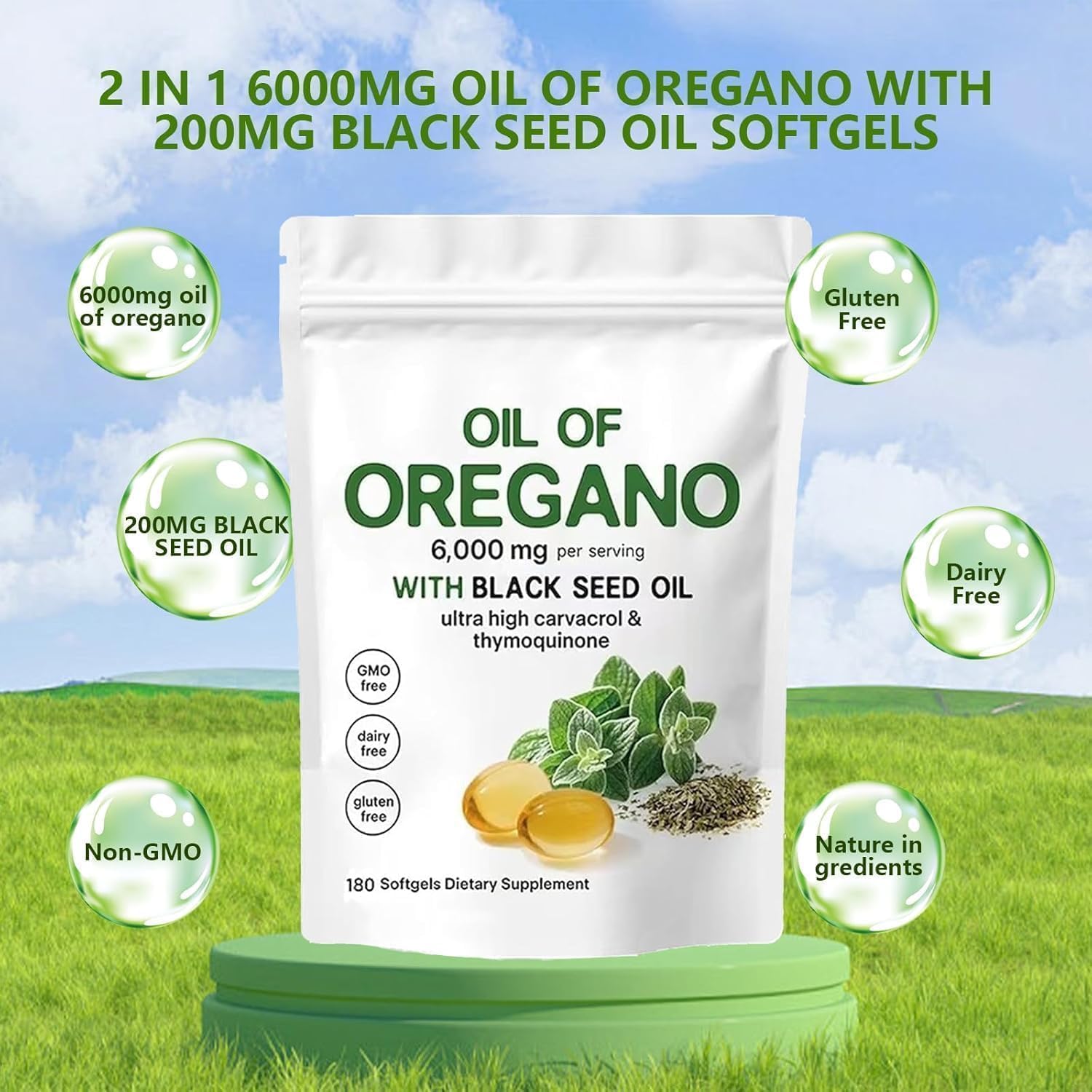 J-PRQ Oil of Oregano Softgels in hand for size comparison