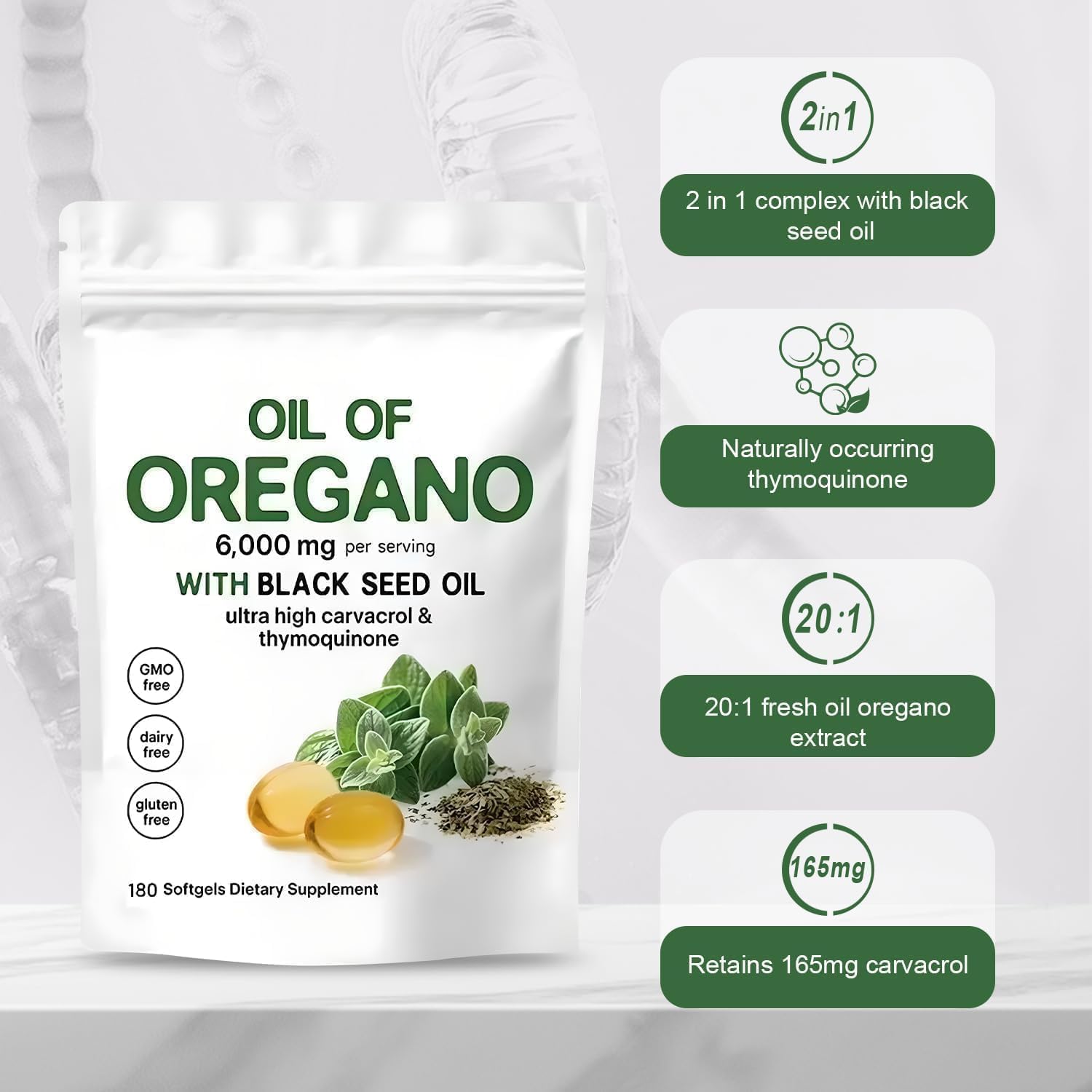 J-PRQ Oil of Oregano Softgels on a wooden table