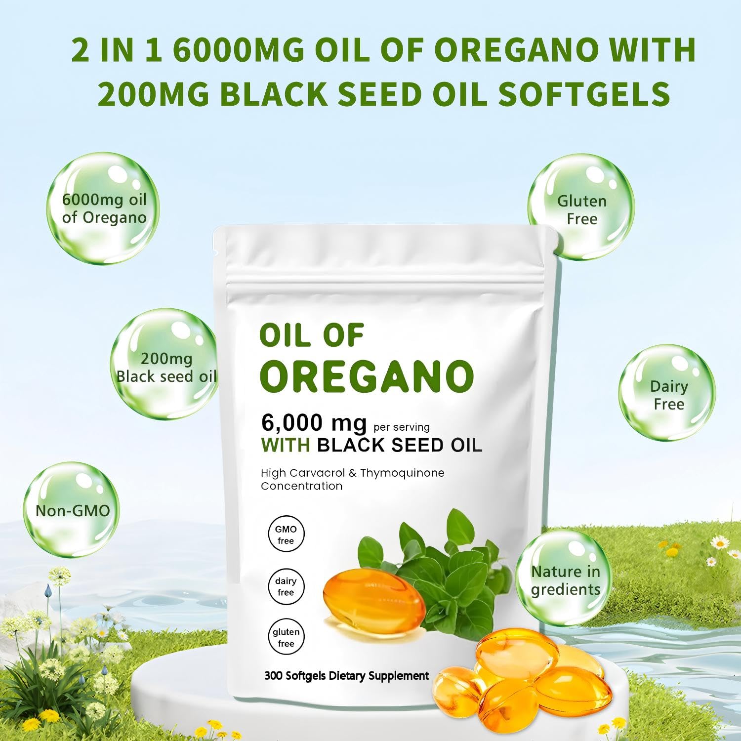 J-PRQ Oregano Oil & Black Seed Oil Softgels close-up of softgels