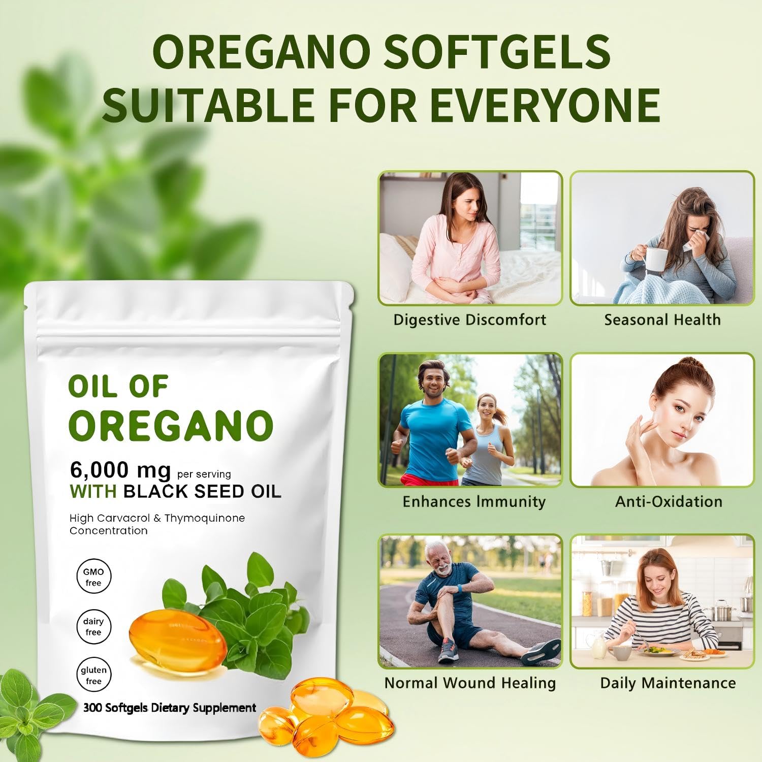 J-PRQ Oregano Oil & Black Seed Oil Softgels displayed on a wooden surface