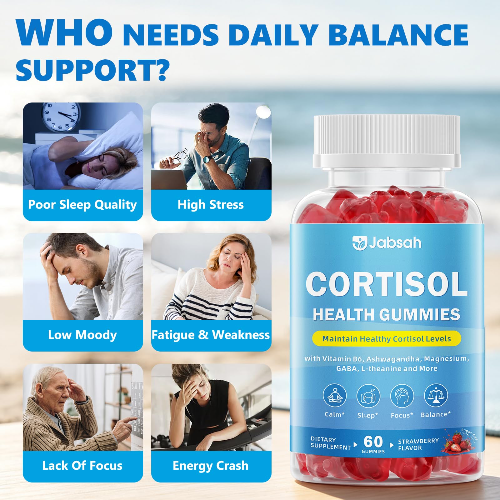 Jabsah Cortisol Supplements bottle with natural background