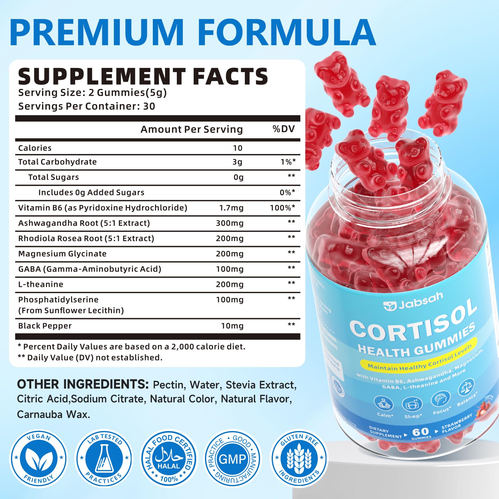 Jabsah Cortisol Supplements gummies in a bowl