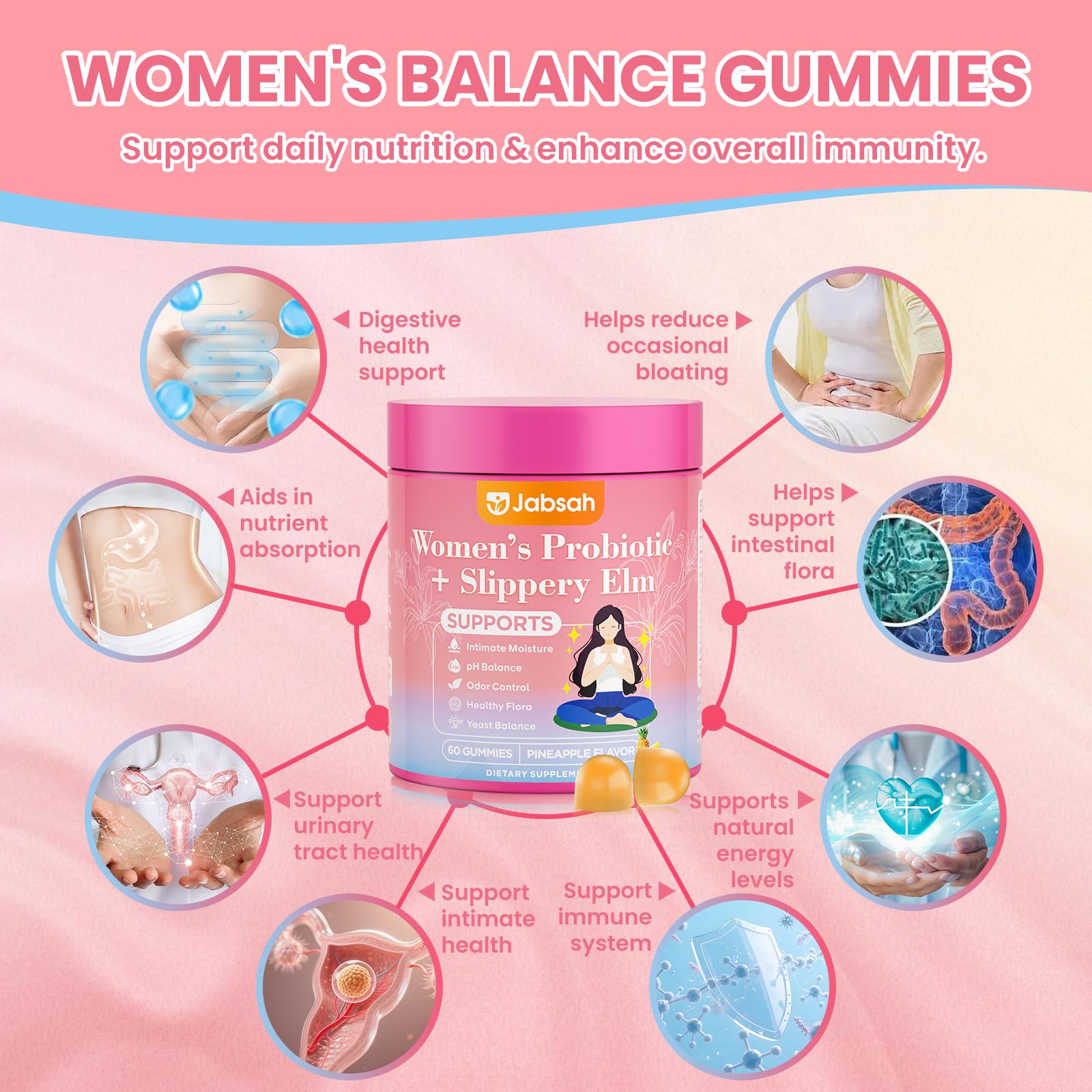 Jabsah Probiotic Gummies displayed with a measuring spoon
