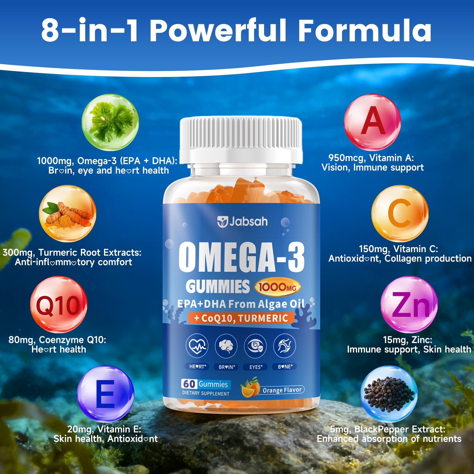 Jabsah Vegan Omega-3 Algae Gummies bottle side view
