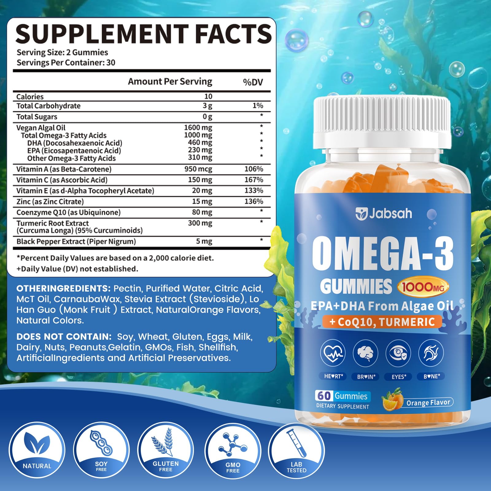 Jabsah Vegan Omega-3 Algae Gummies orange flavour