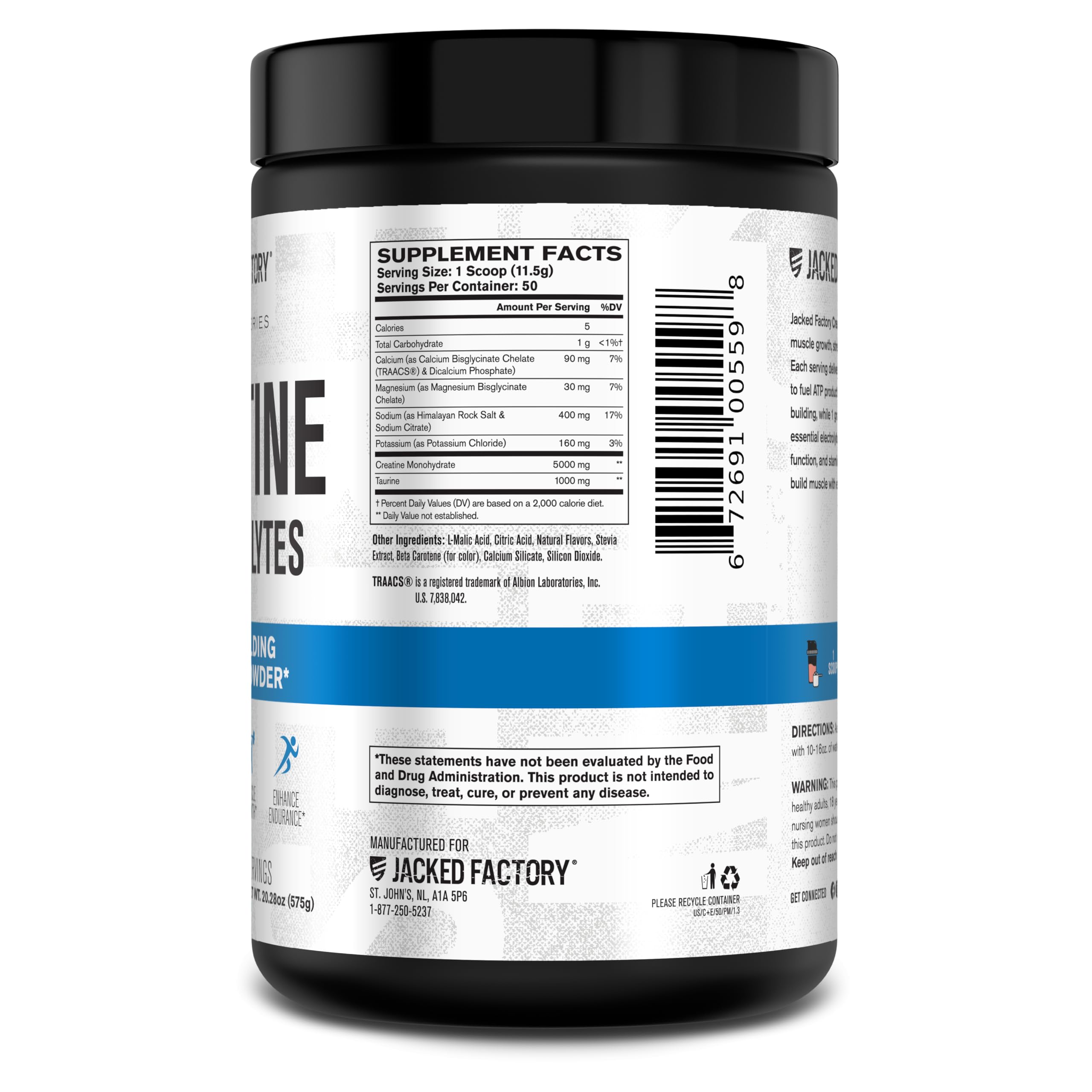 Jacked Factory Creatine + Electrolytes on a workout bench