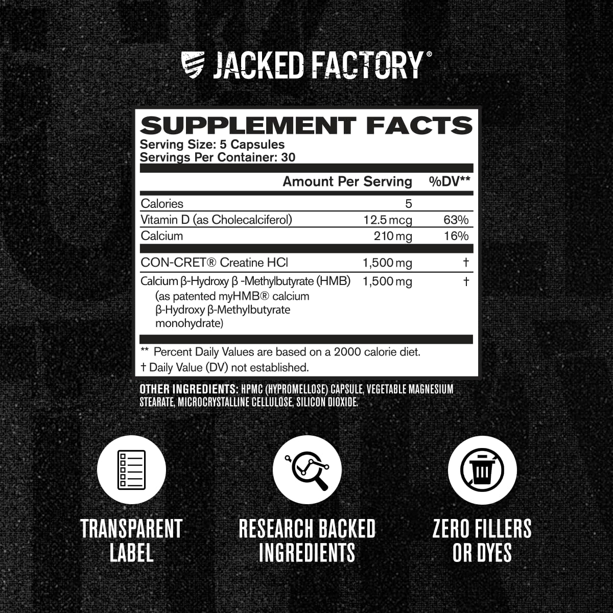 Jacked Factory Creatine HCL + HMB 1500mg Capsules with dosage information
