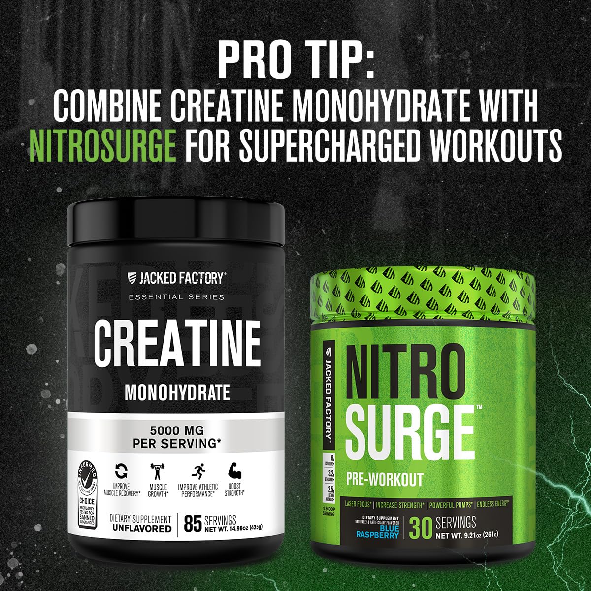 Jacked Factory Creatine Monohydrate Powder top view with scoop