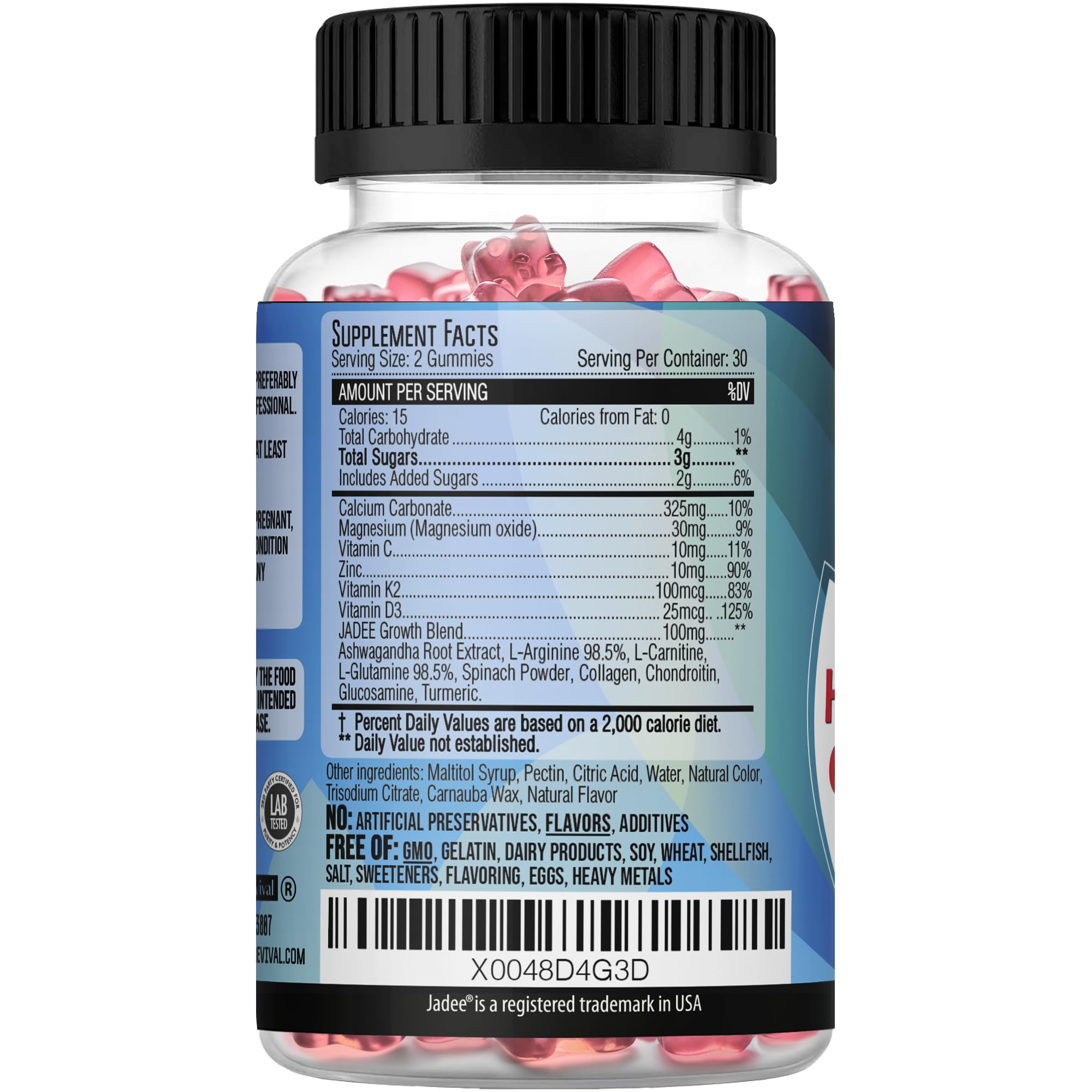 Jadee Multivitamins for Kids nutritional information chart