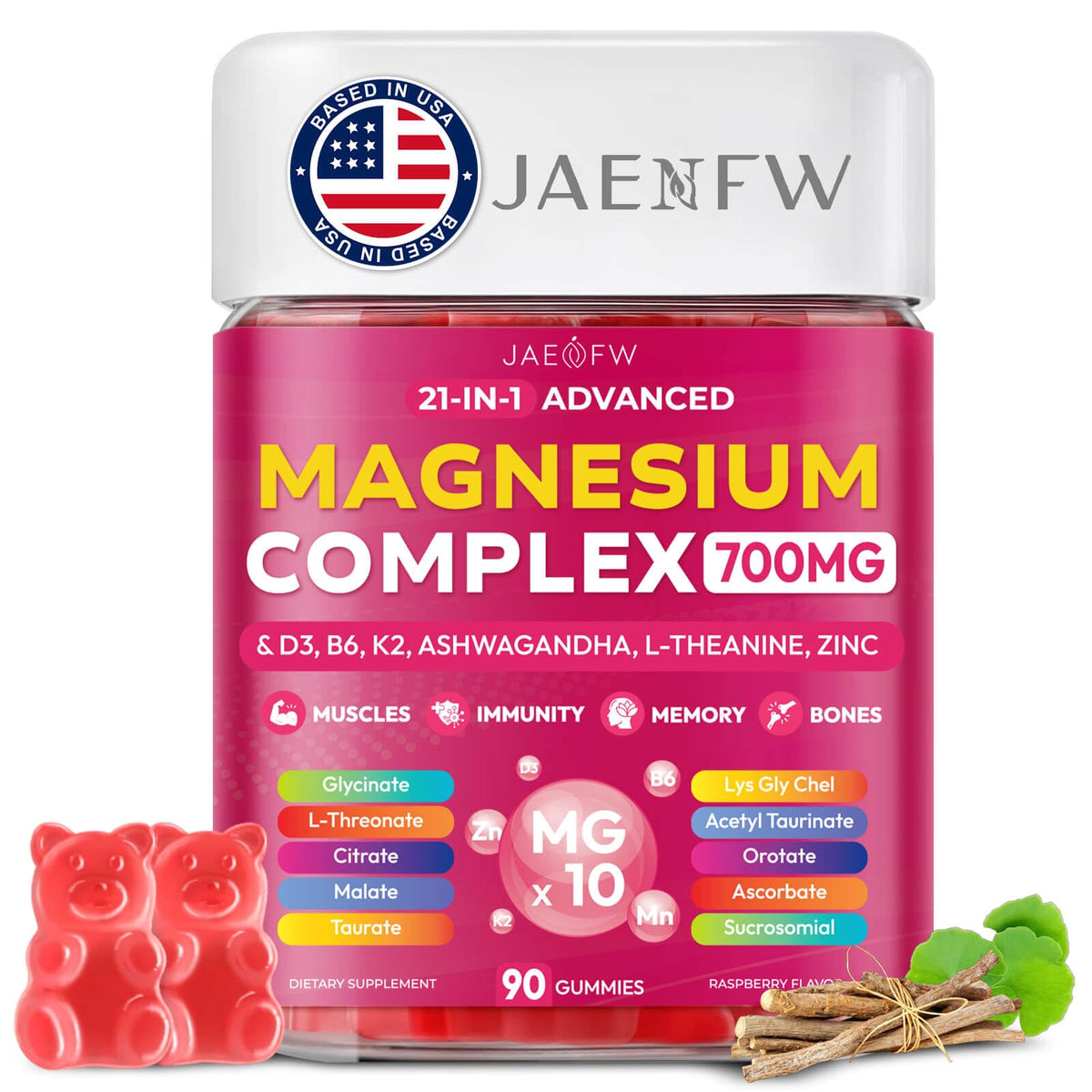 JAENFW Magnesium Glycinate Gummies front view with packaging
