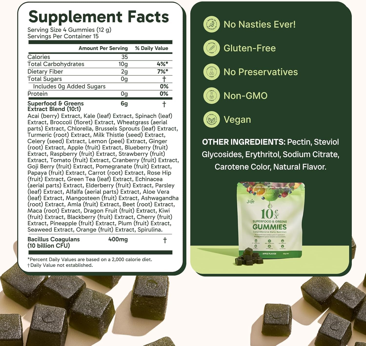 Jaje Health Spirulina Gummies surrounded by superfood ingredients