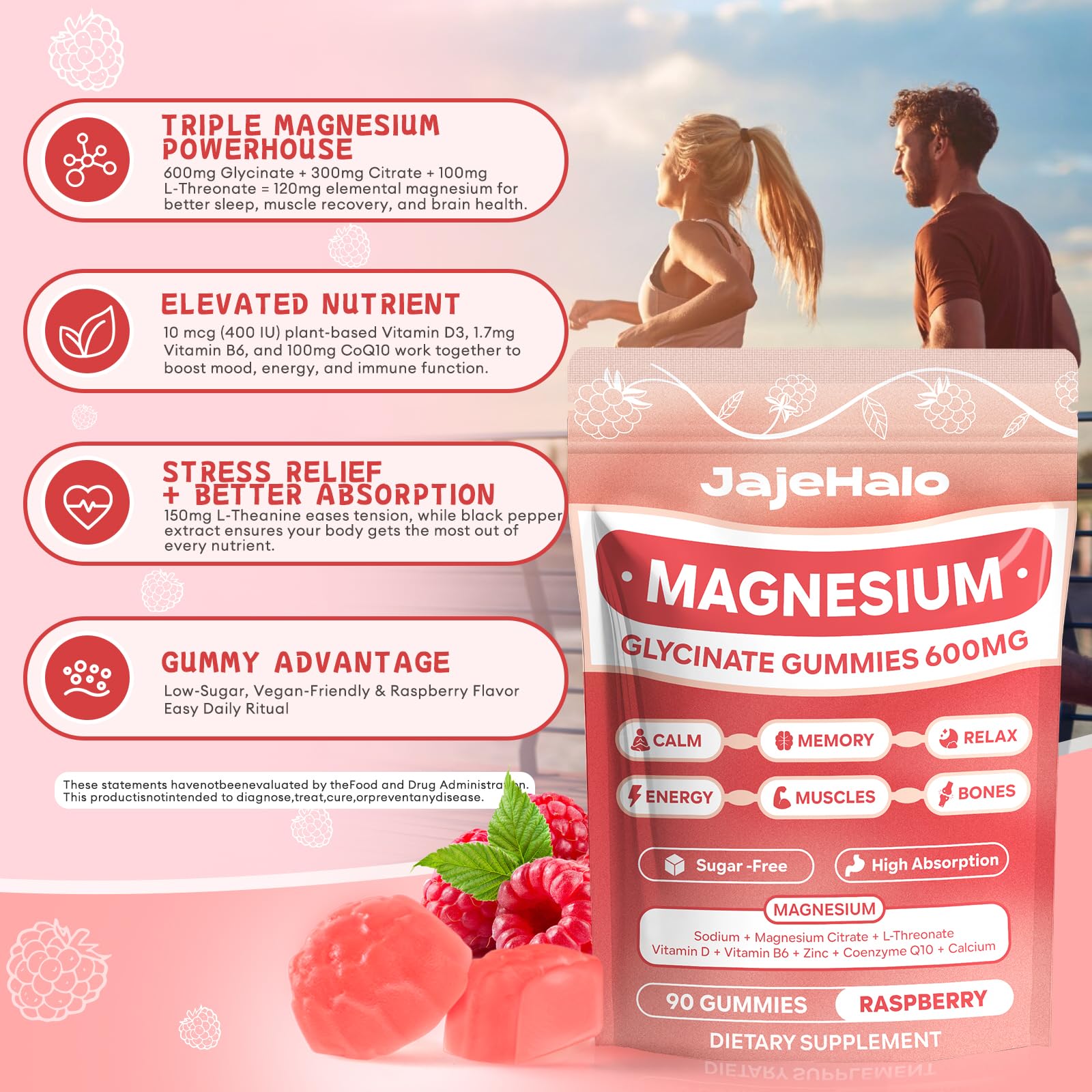 Jajehalo Magnesium Gummies displayed with fresh raspberries